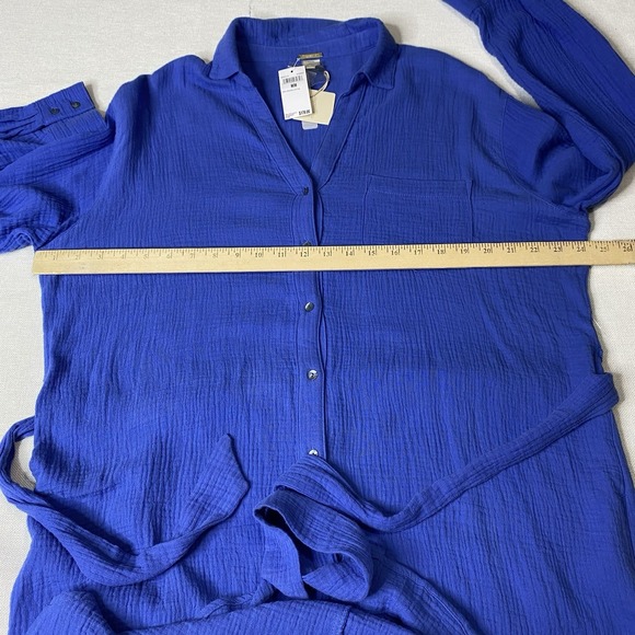 magaschoni Gauze Midi Dress‎ Women Sz M 100% Organic Cotton Belted Button Front - Picture 7 of 10